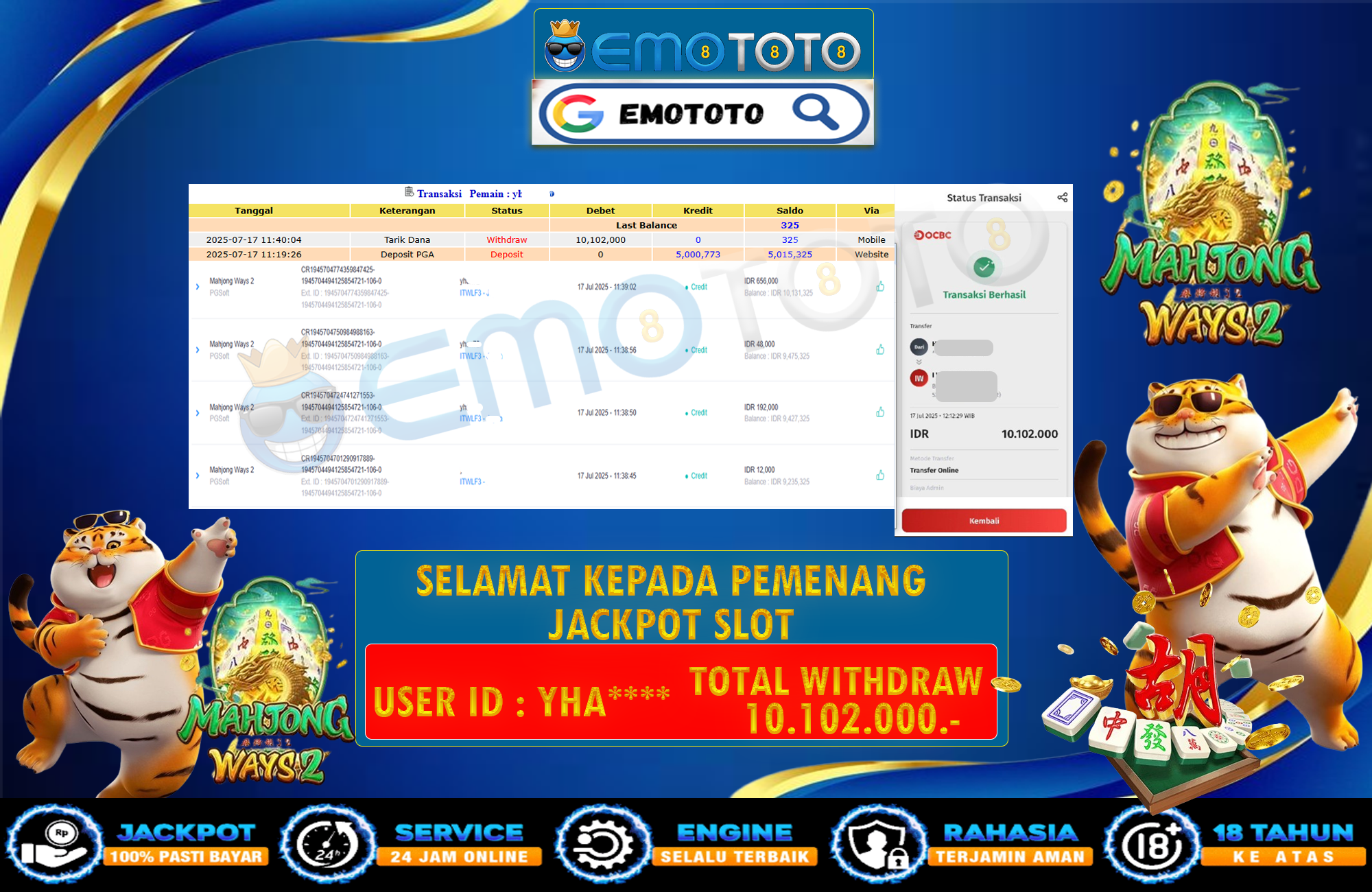 EMOTOTO : BUKTI JACKPOT MEMBER PERMAINAN SLOT PG SOFT (MAHJONG WAYS 2 ) RP 10.102.000 DI BAYAR LUNAS LANGSUNG KE REKENING MEMBER